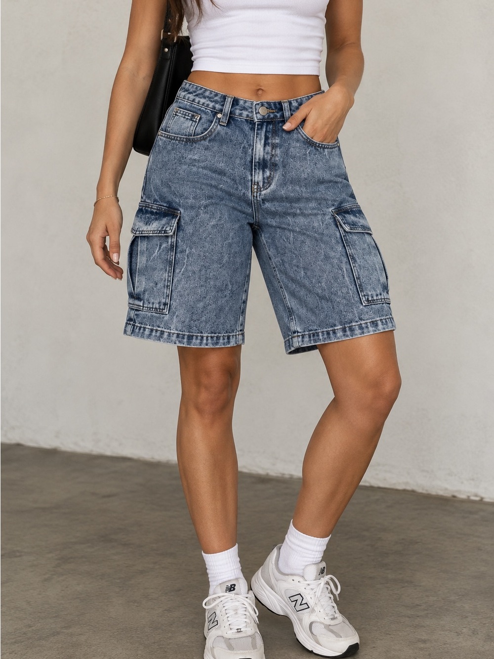 Women's Acid Wash Denim Cargo Shorts - Blue